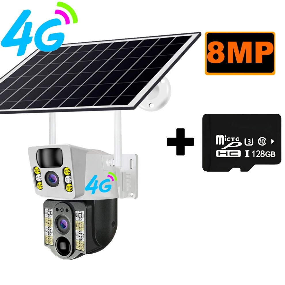(4G CCTV Add 128GB) Solar Camera 4G sim Card 4K 8MP Dual Lens 10X Digital Zoom Outdoor WIFI Solar Panel Humanoid Tracking CCTV Camera Alarm V380 Pro 