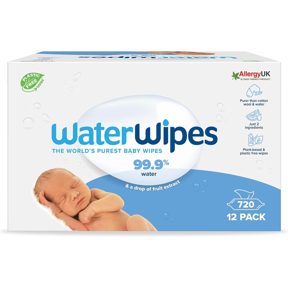 WaterWipes Plastic-Free Original Baby Wipes, 720 Count (12 packs), 99.9% Water Based Wipes, Unscented for Sensitive Skin