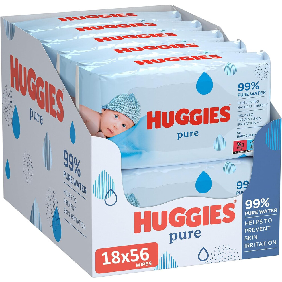 Huggies Pure Baby Wipes 18 Packs (1008 Wipes Total) 99 Percent Pure Water Wipes Fragrance Free for Gentle Cleaning and Protection - Natural Wet Wipes