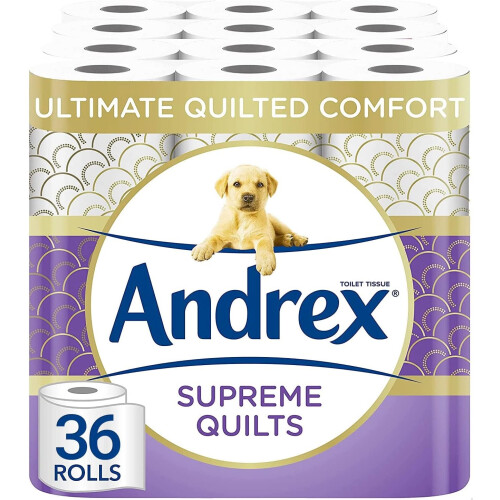 Andrex Andrex Supreme Quilts Quilted Toilet Paper - 36 Toilet Roll Pack - 25% Thicker Than Before to Provide Ultimate Quilted Comfort, 36 Count (Pack of 1)