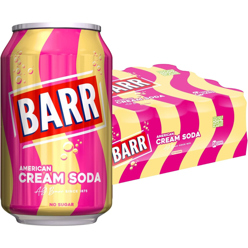 BARR since 1875, 24 Pack American Cream Soda, Zero No Sugar Sparkling Soft Drink with a Creamy Taste of American Cream Soda, 24 x 330 ml Cans