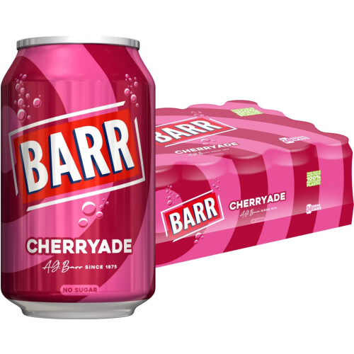 Barr BARR since 1875, 24 Pack Cherryade, Zero No Sugar Cherry Flavoured Fizzy Drink Cans "Fizzingly Fun" - 24 x 330 ml Cans