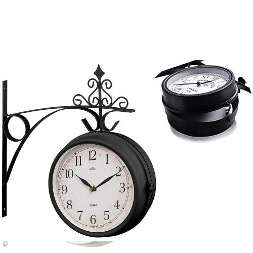 Black Dual Sided Station Clock, Wall-Mounted Antique Station Clock Home Decor