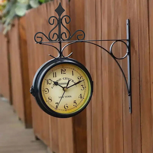 Black Dual Sided Station Clock, Wall-Mounted Antique Station Clock Home Decor 2