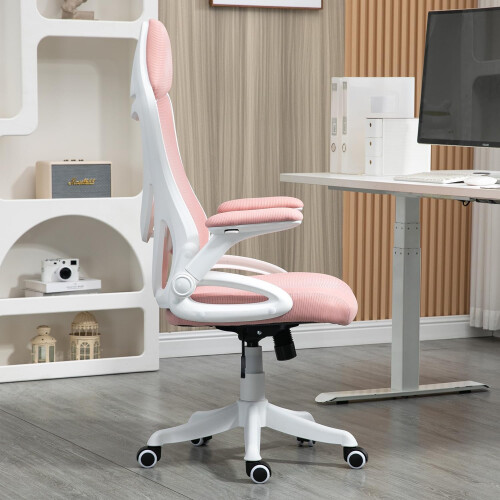 High Back Ergonomic Mesh Back Computer Pink Chair with Flip-up
