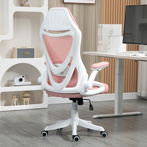 High Back Ergonomic Mesh Back Computer Pink Chair with Flip-up 2