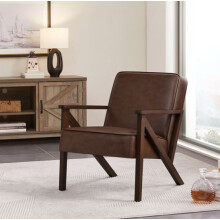 Dark Brown Faux Leather Comfort Accent Chair Sculptured Wood Legs