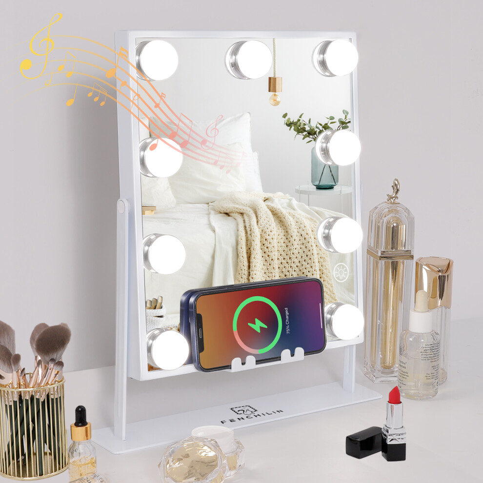 New Fenchilin 25X30cm Vanity Mirror With Lights Bluetooth Wireless Chargin White