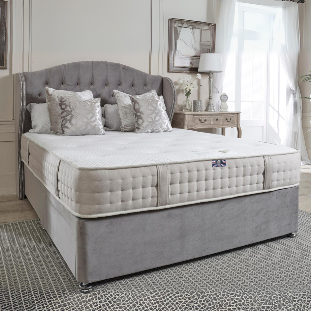 (Double 4ft6", Grey Plush) Chesterfield Wingback Divan Bed 54" Headboard 2 Footend Drawers with Mattress