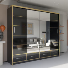 (203cm, Black) Sweden High-Gloss Sliding Mirror Door Wardrobe