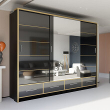 (253cm, Black) Sweden High-Gloss Sliding Mirror Door Wardrobe