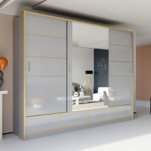 (253cm, Grey) Sweden High-Gloss Sliding Mirror Door Wardrobe