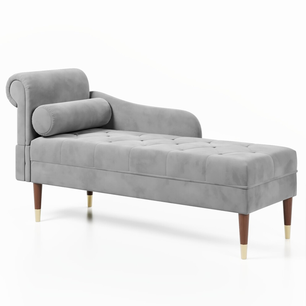 (Grey) Velvet Chaise Longue with Armrest & Lumbar Pillow