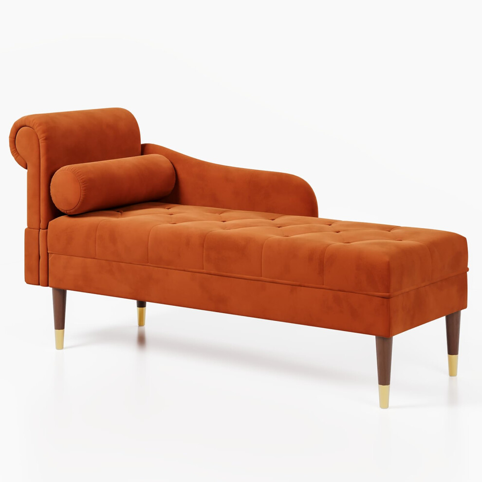 (Orange) Velvet Chaise Longue with Armrest & Lumbar Pillow