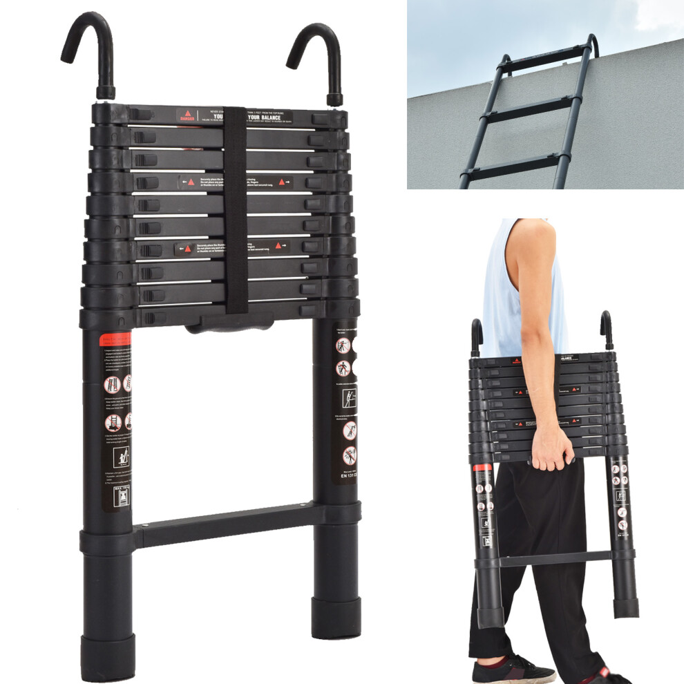 3.2M Extension Ladder Telescoping Ladder Aluminum Straight Ladder with Detachable Hook Extendable Stepladder for Multi-Purpose Indoor Outdoor