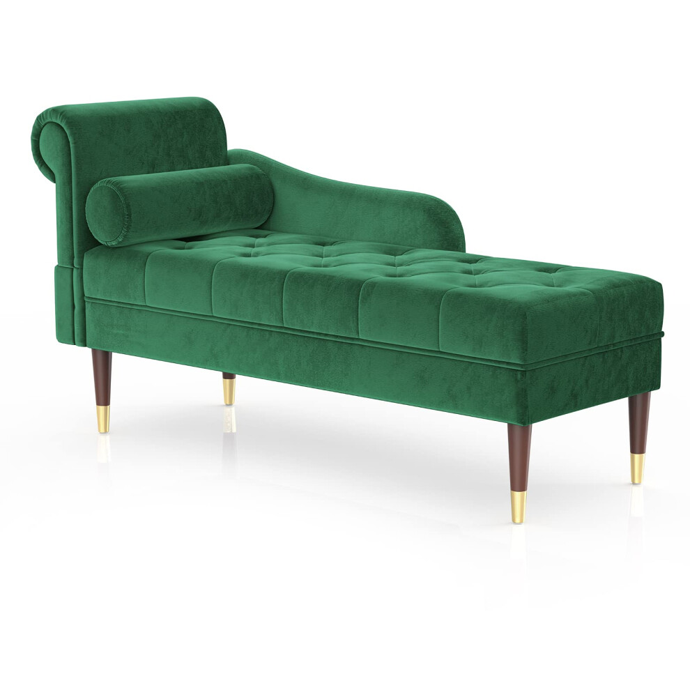 (Green) Velvet Chaise Longue with Armrest & Lumbar Pillow