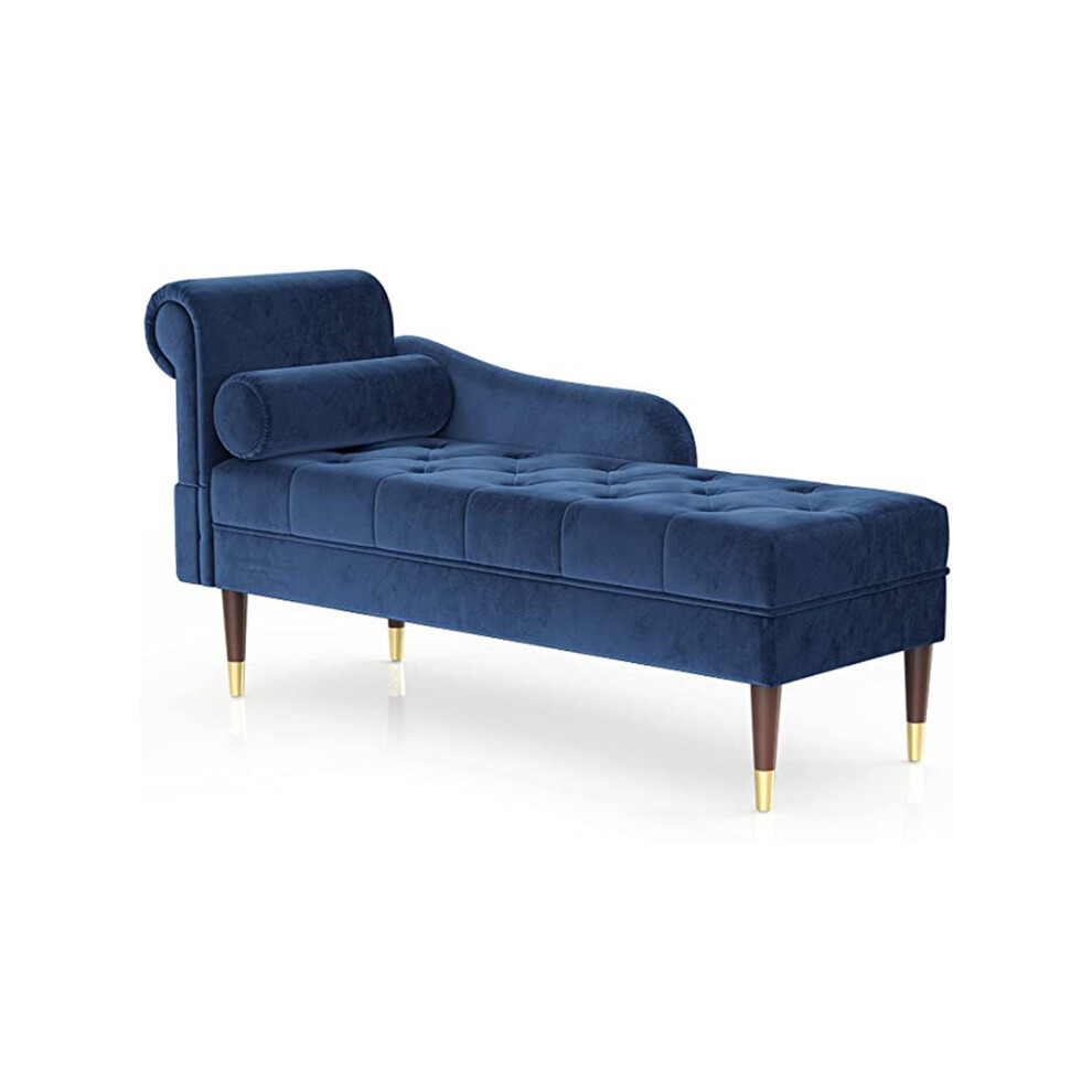 (Blue) Velvet Chaise Longue with Armrest & Lumbar Pillow