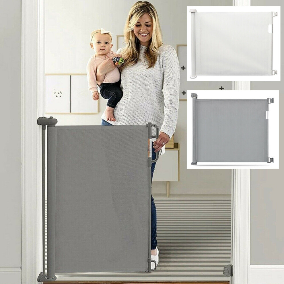 (Grey) Retractable Baby Gate Dog Pet Saftey Stair Gate One Hand Operated Safety Barrier Gate Retractable Dog Gate for Indoor Outdoor Hallways Stairway