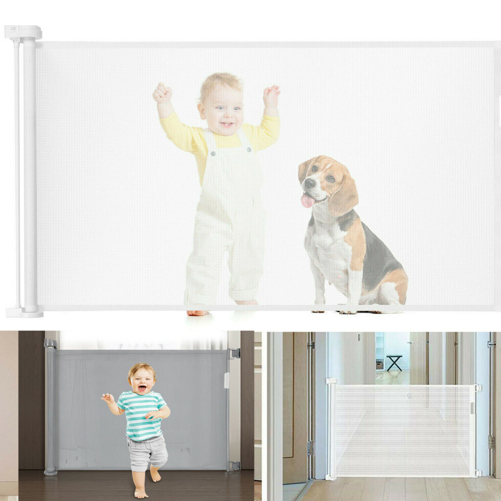 (White) Safety Baby Gate for Stairs Adjustable Width Mesh Retractable Dog Gate for Babies Pets Flexible Barrier for Indoor Outdoor Kitchen