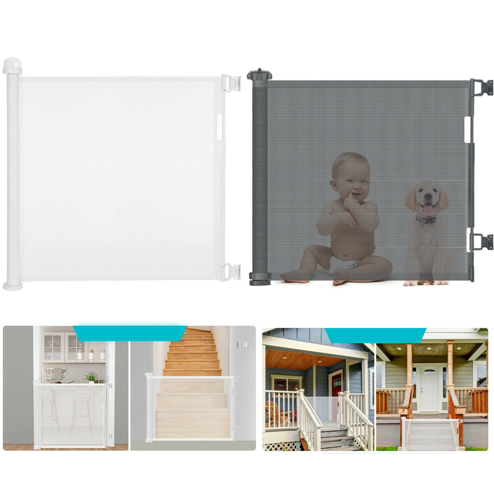 (White) Baby Pet Dog Gate Retractable Safety Guard Toddler Stair Gates Fence Stair Barrier