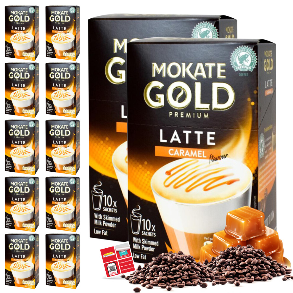 SOL 120pk (12 x 10pk) Mokate Coffee Sachets Caramel Latte + Stickers