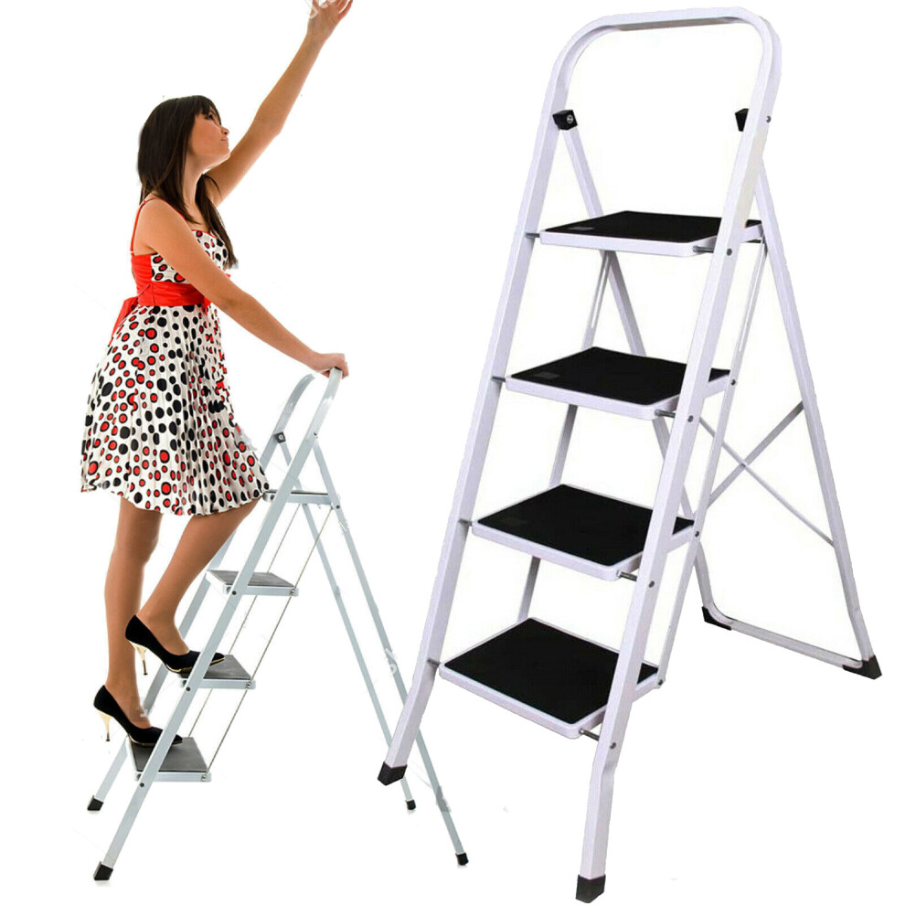 (4 Tread) Steel Step Ladder with Gripped Tread Anti-Slip Wide Step Safety Handrail 150KG Capacity