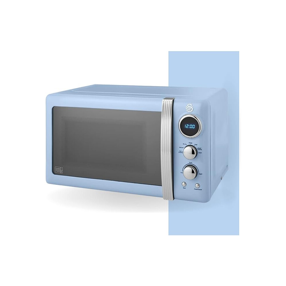 (Blue) Retro LED Digital Microwave with Glass Turntable, 5 Power levels & Defrost Setting, 20L, 800W