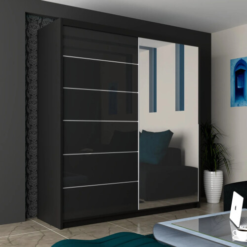 MN Furniture Munich High Gloss Sliding Mirrored Wardrobes Black 200cm