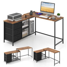 L-Shaped Meatel Desk Convertible Corner Desk W/ Wooden Tabletop & Charging Station