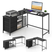 Meatel L-Shaped Convertible Corner Desk with Wooden Top and Built-in Charging Station (2 AC Outlets + 2 USB), 3 Removable Drawers