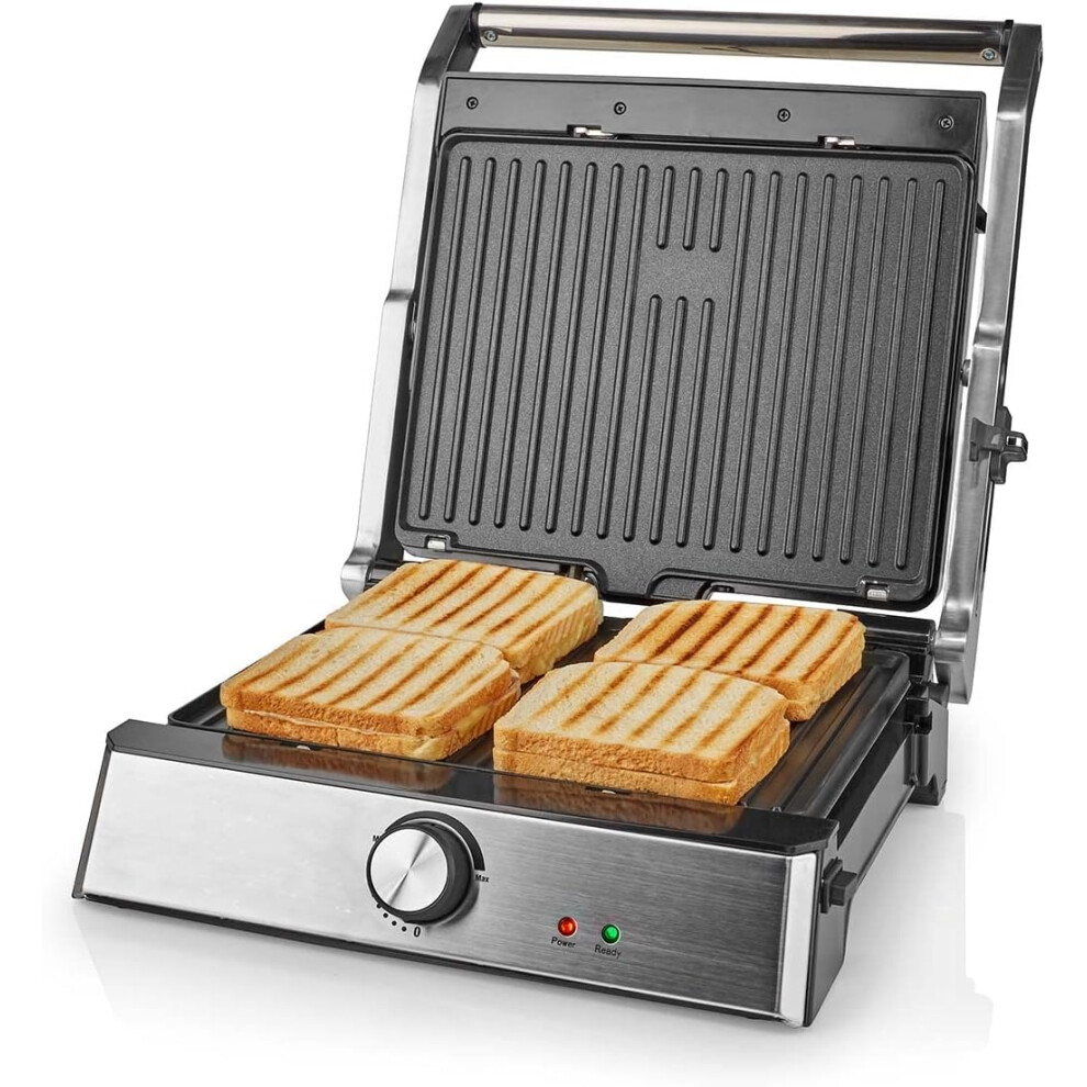 Nedis 2-in-1 Electric Panini Press & Grill, Fold-Out, 2000W Large Fit Grill with Non-Stick Reversible Plates, Adjustable Temperature Control