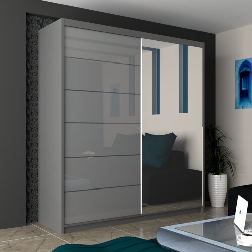 MN Furniture Munich High Gloss Sliding Mirrored Wardrobes Grey 180cm