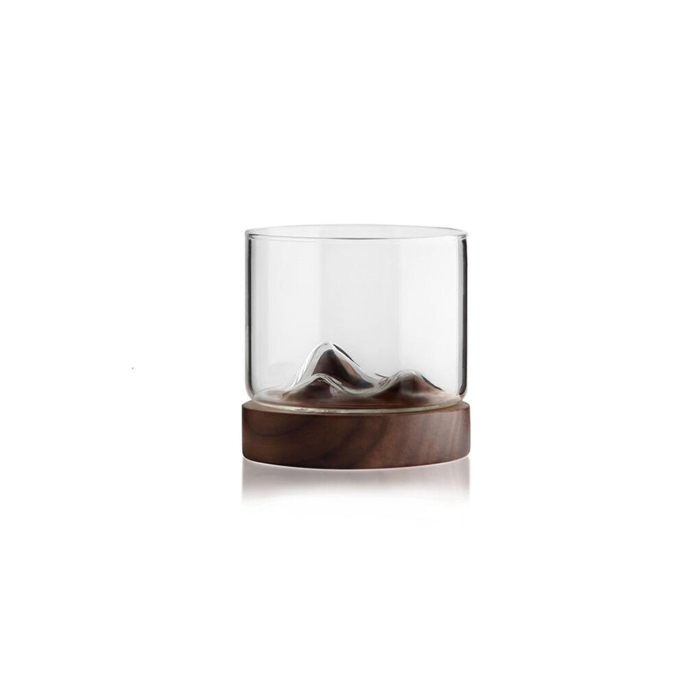 (Dark Wood-Mountain Design) Mountain Whiskey Glass With Wooden Base Novelty Barware Drinkware