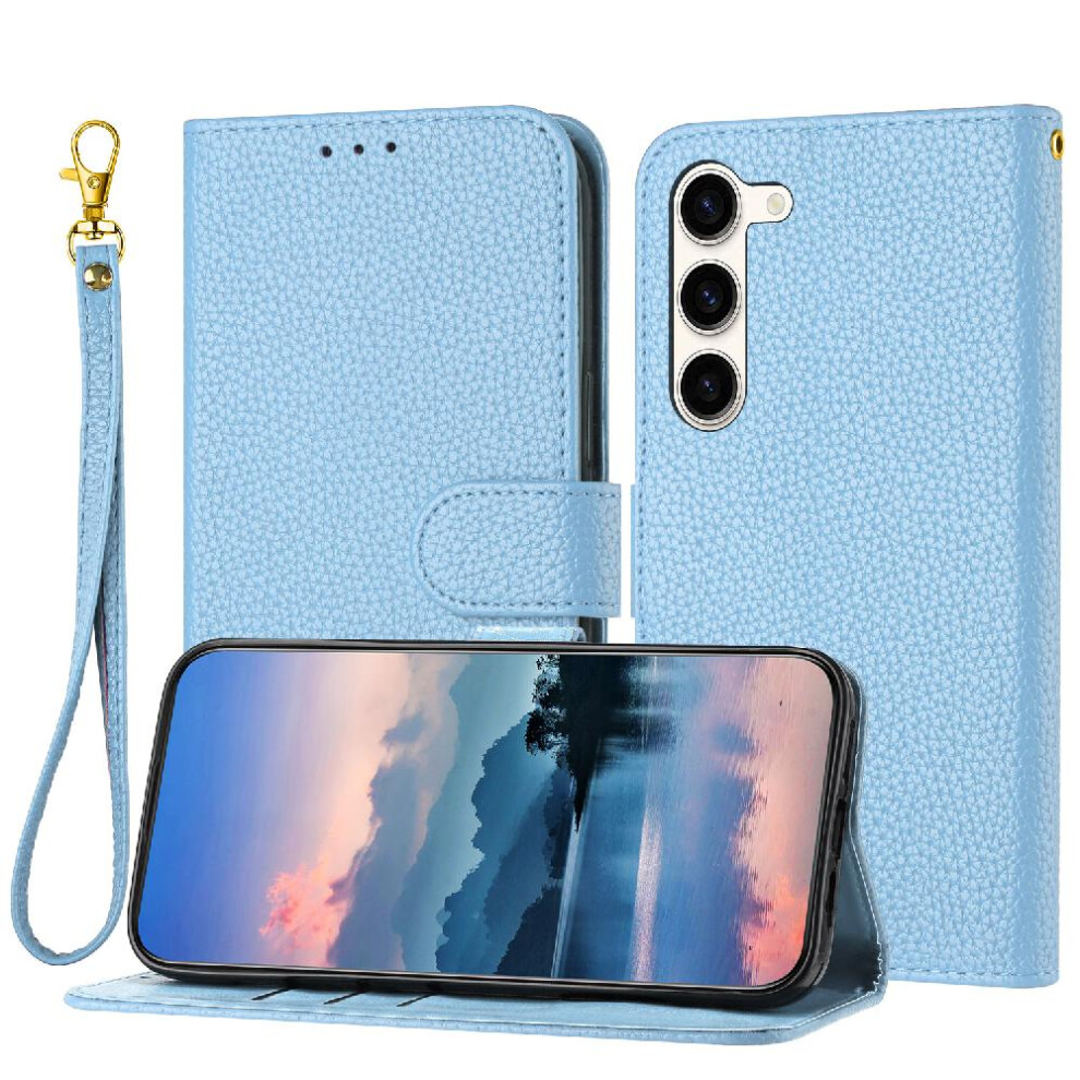 (Light ) Phone Case For Samsung Galaxy S23 Wallet Pu Lether Card Slots Holder Litchi Pattern Flip Folio Blue 764499970021