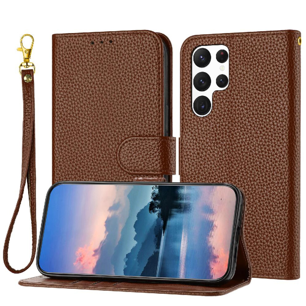 Photos - Case  Phone  For Samsung Galaxy S22 Ultra Wallet Flip Folio Card Slots Holder Litchi Pattern PU Lether(Brown)