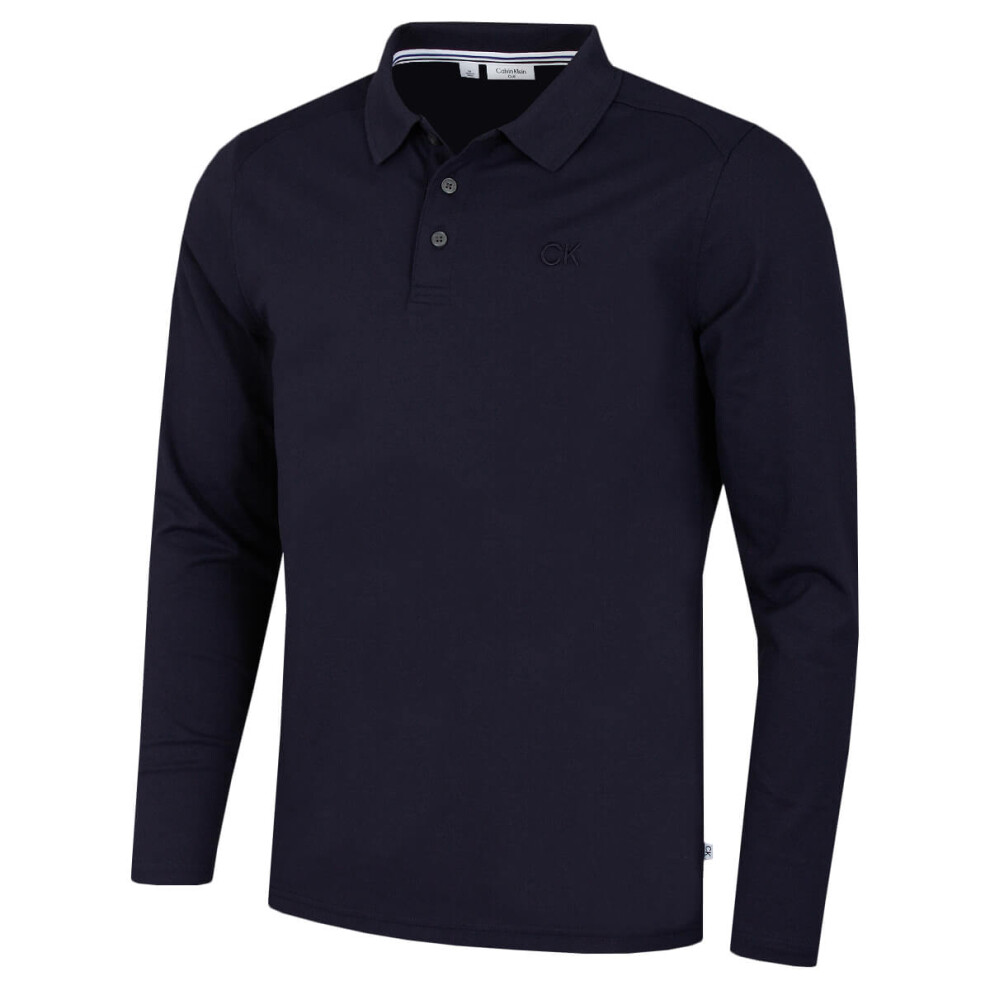 (L, Navy) Calvin Klein Mens Long Sleeve Stretch Campus Golf Polo Shirt