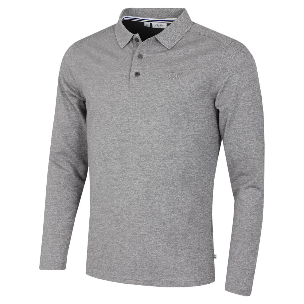 (L, Grey Marl) Calvin Klein Mens Long Sleeve Stretch Campus Golf Polo Shirt