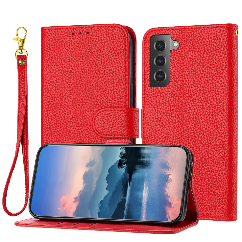 (Red) Phone Case For Samsung Galaxy S21 Pu Lether Litchi Pattern Flip Folio Wallet Card Slots Holder Red 764499970663