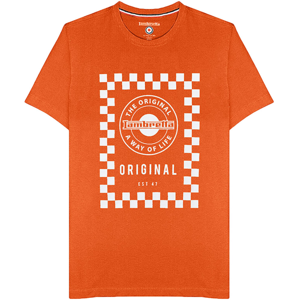 (M, Burn Orange) Lambretta Mens Checker Board Graphic Short Sleeve Crew Neck T-Shirt Top Tee