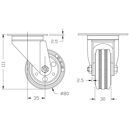 80mm 3" schwarze Gummi-Lenkrollen mit Oberplatte 70kg - 2er Set 2