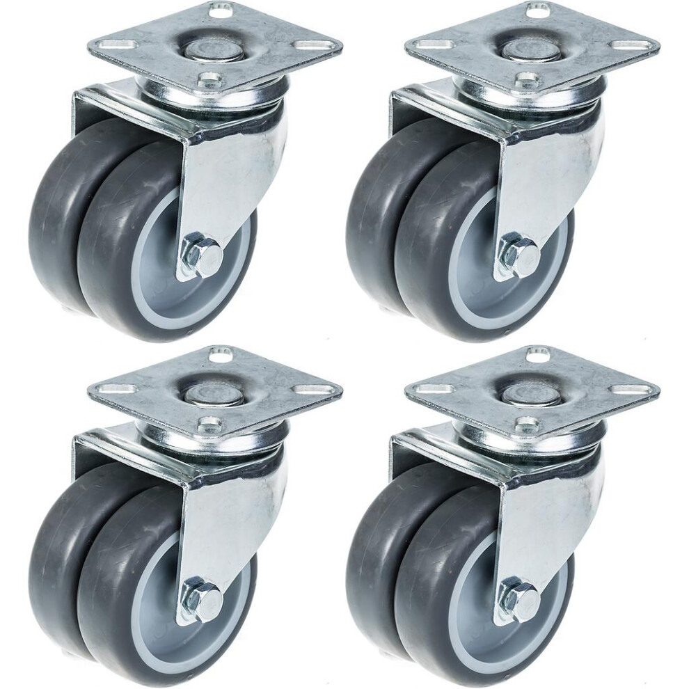 75Mm 3" Twin Wheel Castor Grey Rubber Swivel 400Kg Capacity, Set Of 4 5056116820709