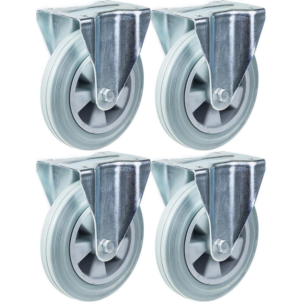 200Mm 8" Castor Grey Rubber Tyre Fixed Strong 820Kg Capacity, Set Of 4 5056116827364