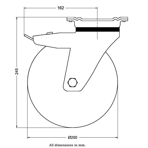 Parnells 200 mm Lenk-Bremsrolle mit schwarzem Elastikgummi auf Aluminium-Mittelrad 1