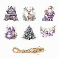 6pcs Purple Christmas Cardboard Hanging Ornaments Hanging Decor For Christmas Tree Santa Claus Elk Snowman Christmas Tree Snowhouse Party Supplies