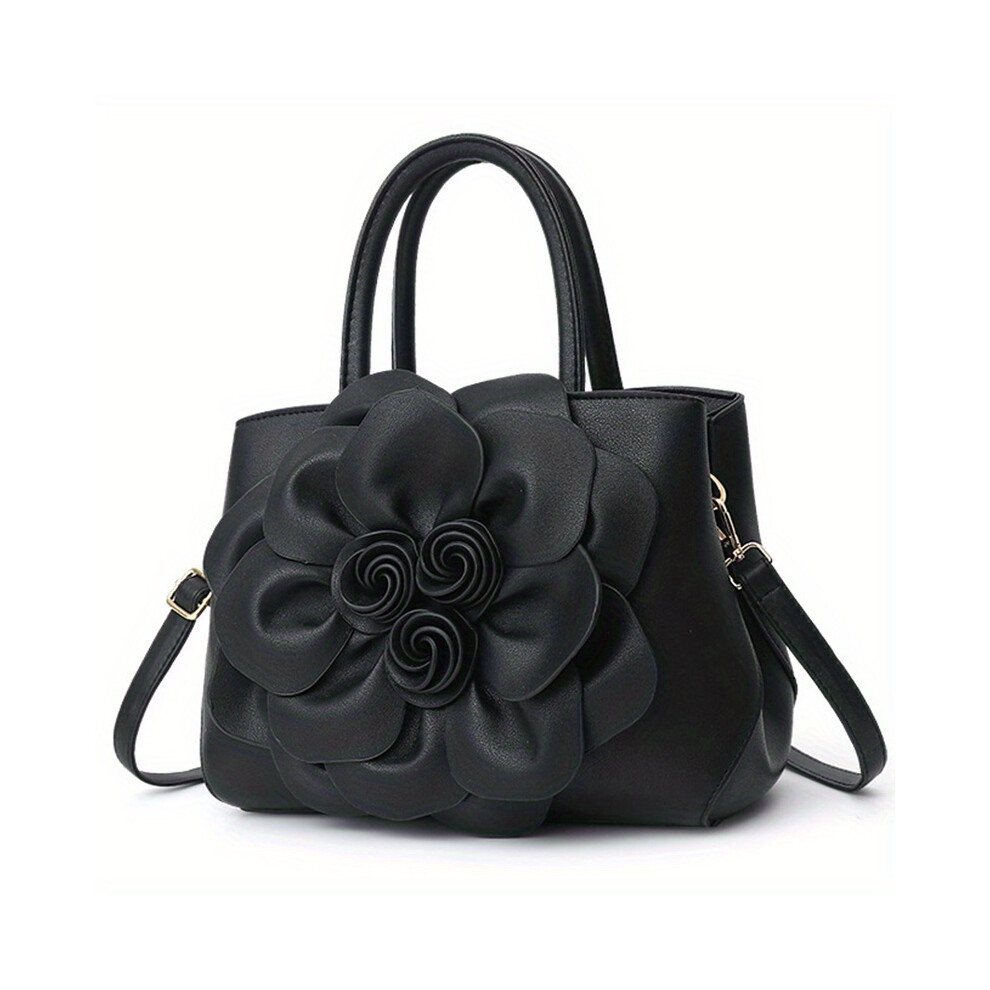 (Black, Large) Elegant Flower Decor Tote Bag, Fashion Top Handle Satchel, Women's Casual Handbag, Shoulder Bag & Purse