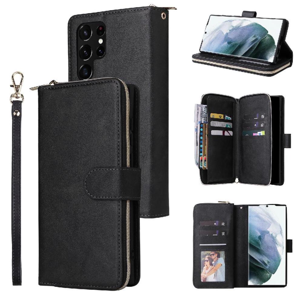 Photos - Case For Samsung Galaxy S22 Ultra Zipper Pocket With Hand Strap Card Holder Flip Cover Wallet With 9 Card Slots(Black)