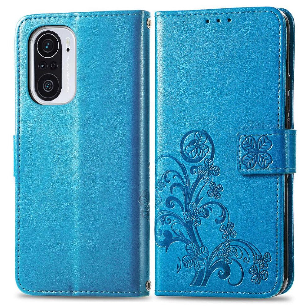 (Blue) Case For Xiaomi Redmi K40 / K40 Pro Leather Case Flip Cover Exquisite Business Short Strap Four Leaf Clover Blue 764499973718