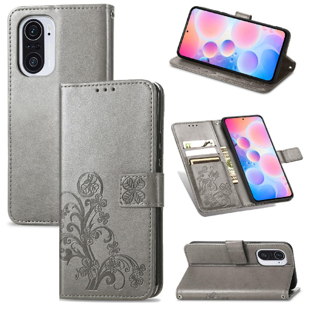( ) Case For Xiaomi Redmi K40 / K40 Pro Leather Case Flip Cover Exquisite Business Short Strap Four Leaf Clover Gray 764499973701