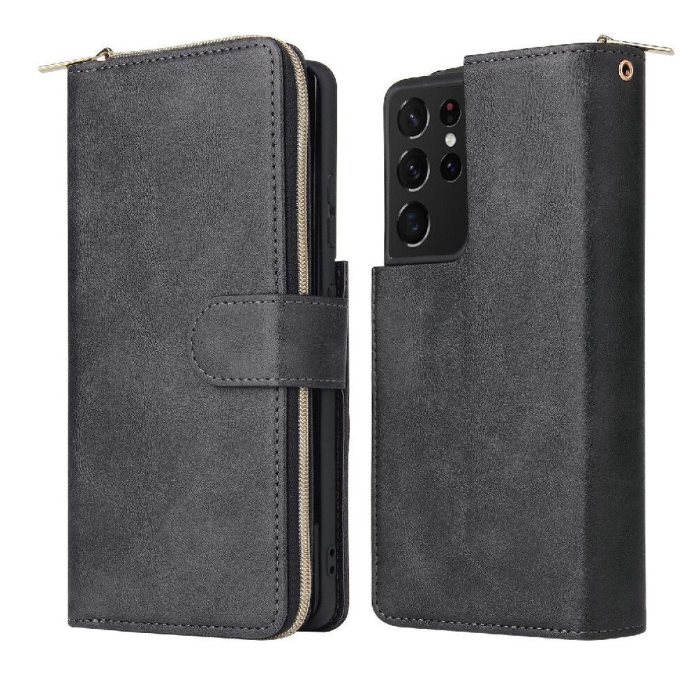 Photos - Case   For Samsung Galaxy S21 Ultra With Hand Strap Zipper Pocket Wallet  With 9 Card Slots Card Holder Flip Cover(Black)