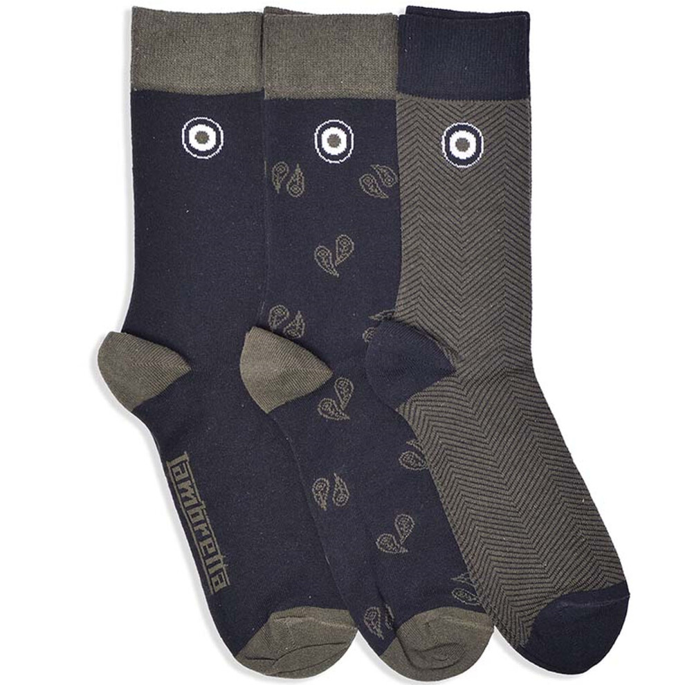 Lambretta Mens 3 Pack Paisley Patterned Crew Length Socks - Black Khaki 6-11 UK